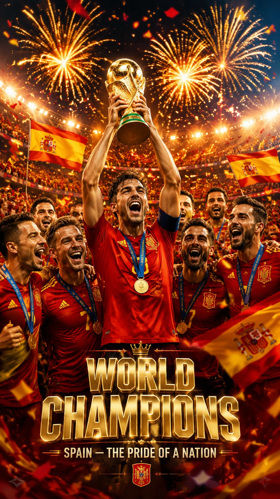 Campeones españoles de fútbol levantando el trofeo de la Copa del Mundo