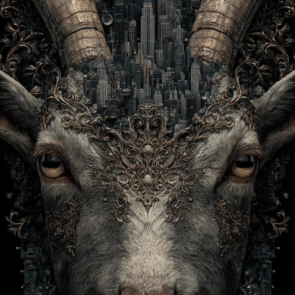 Close up goat portrait with gothic city reflected eyes