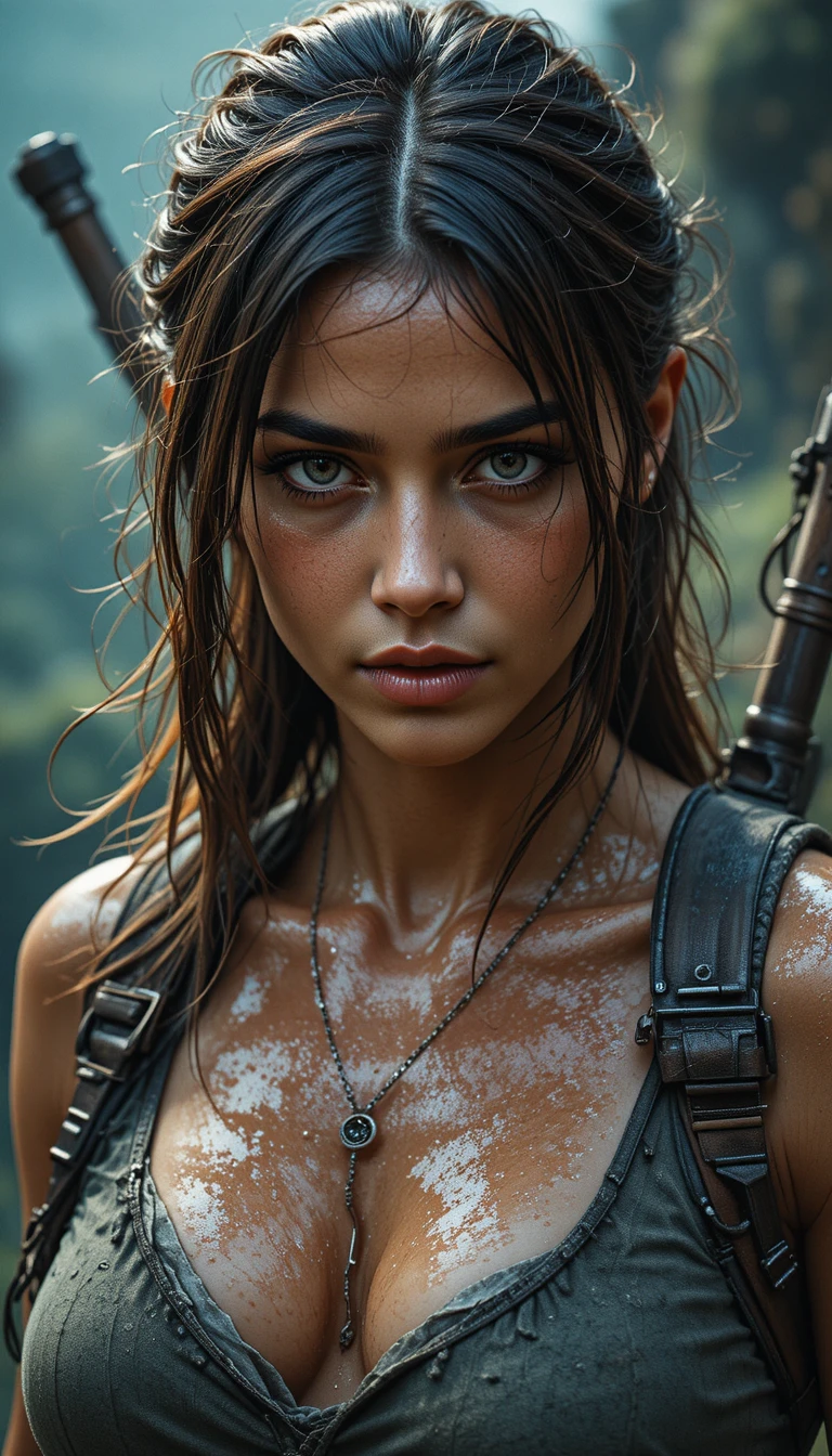Determined adventurer woman in cinematic close portrait