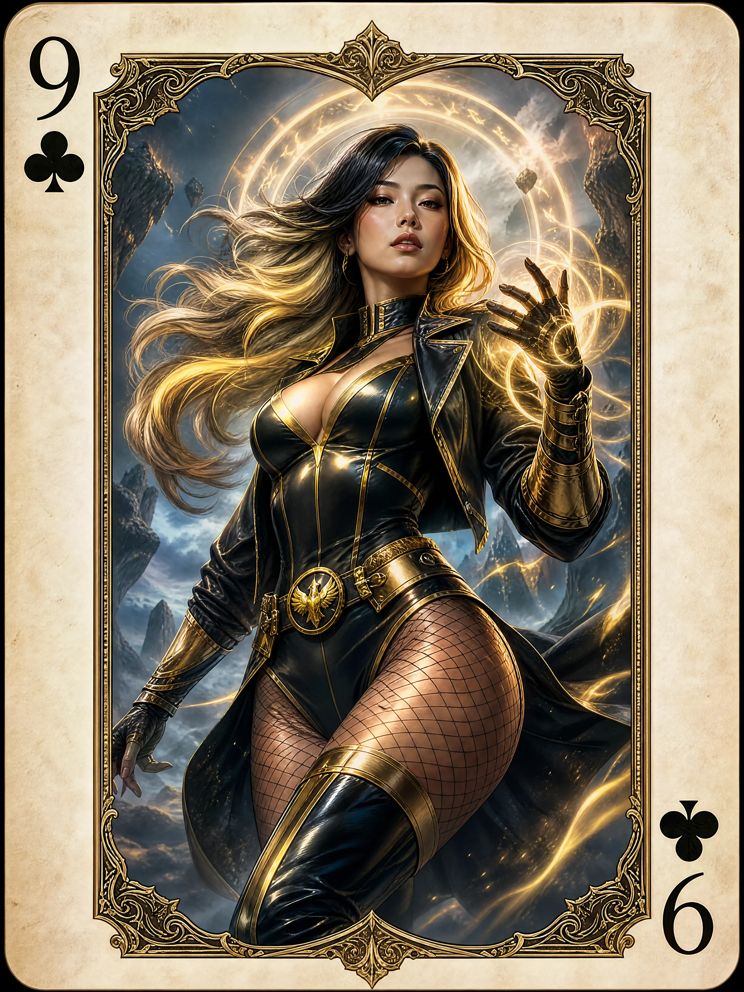 Mythic warrior woman framed in a nine of clubs card