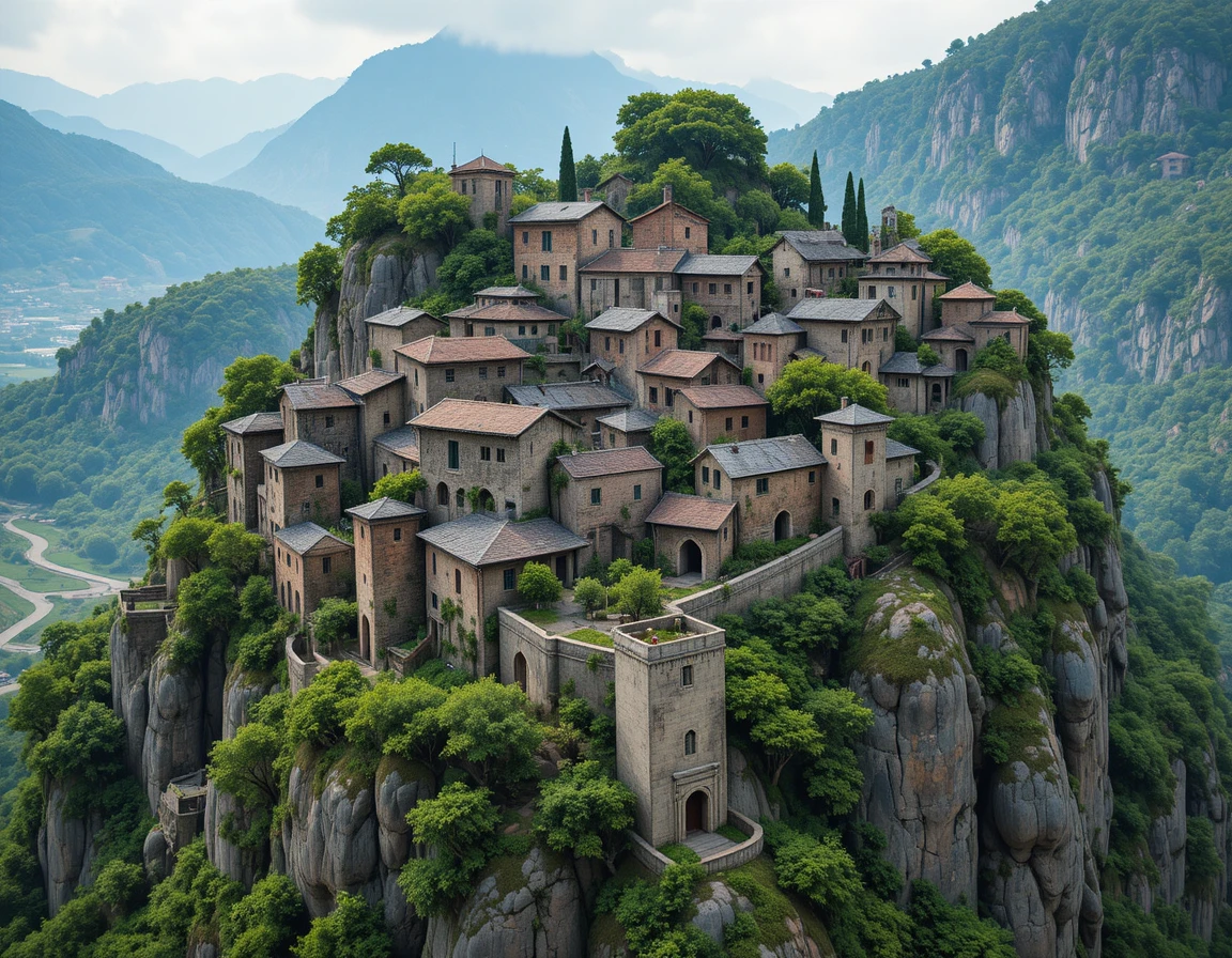 Aerial view of a historic stone fortress on a mountain