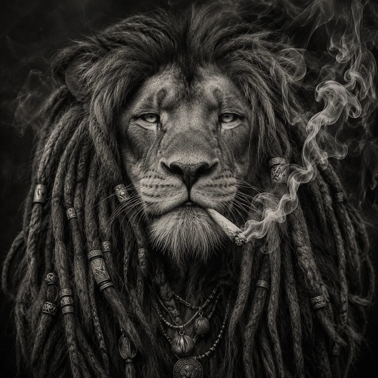 Majestic rastafarian lion portrait in dramatic monochrome smoke