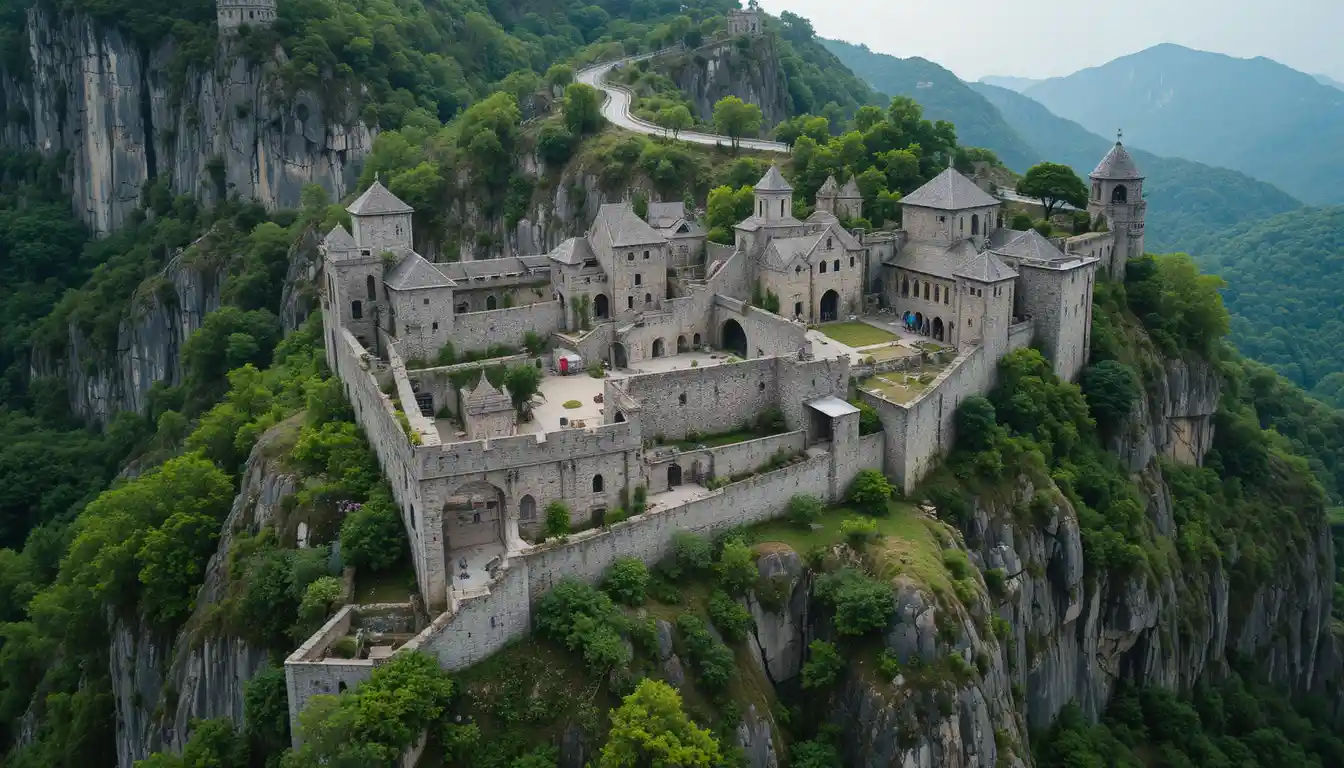 Aerial view of a historic stone fortress on a mountain