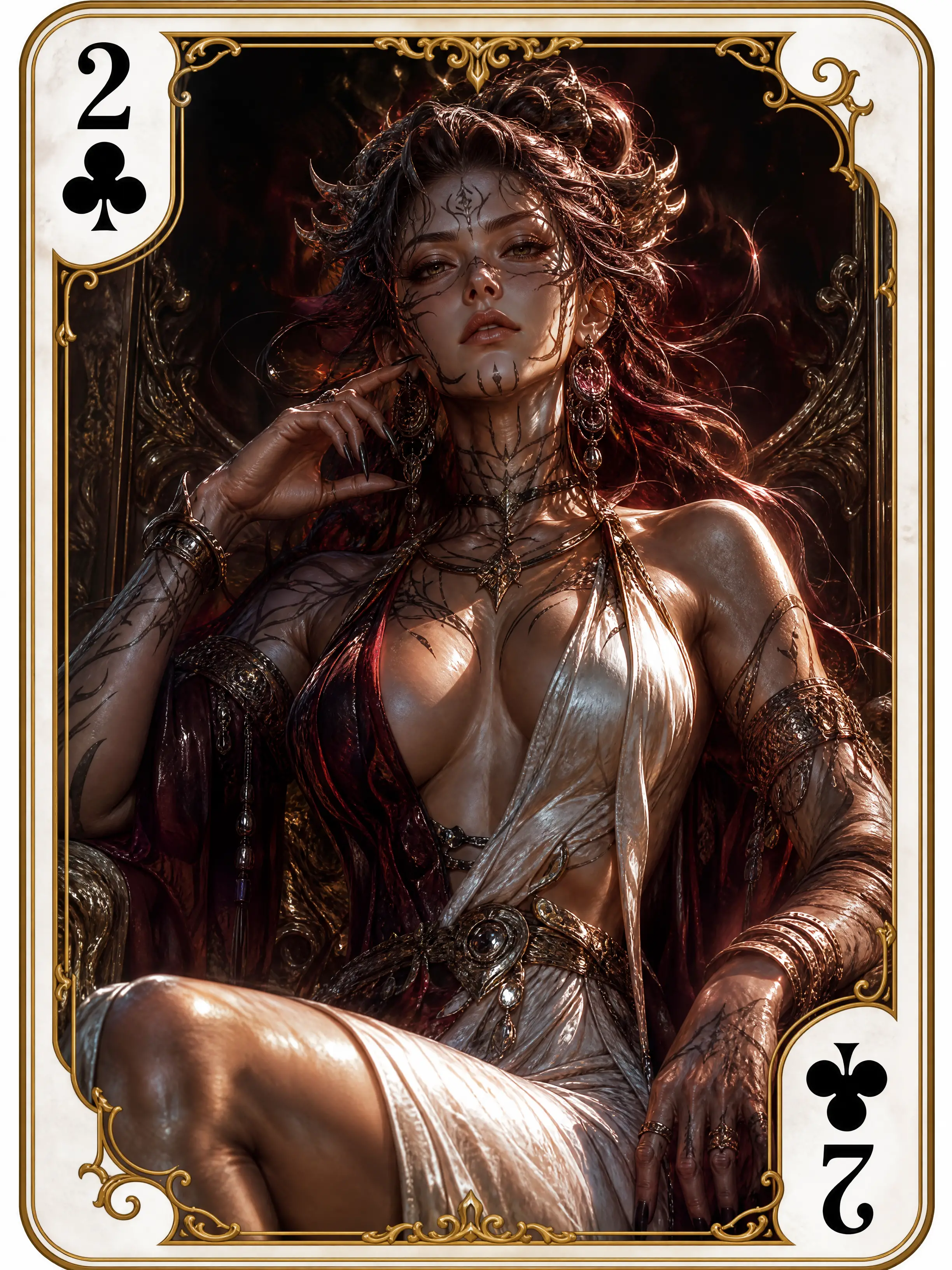 Epic fantasy woman framed inside a two of clubs card