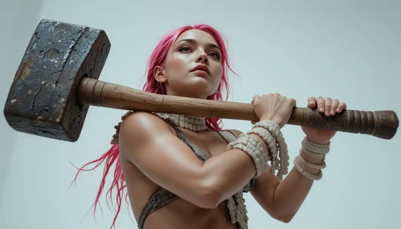 Pink haired woman posing with a heavy sledgehammer