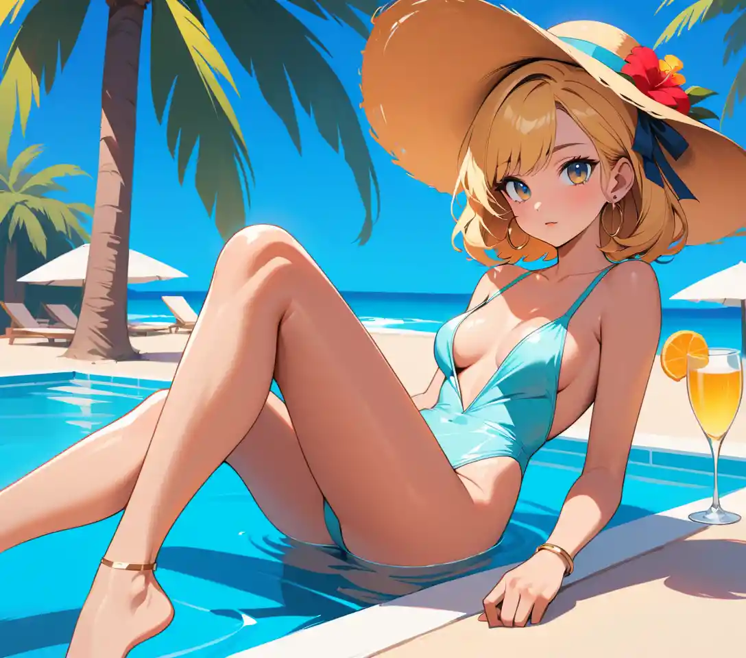 Glamorous woman relaxing by a tropical resort pool