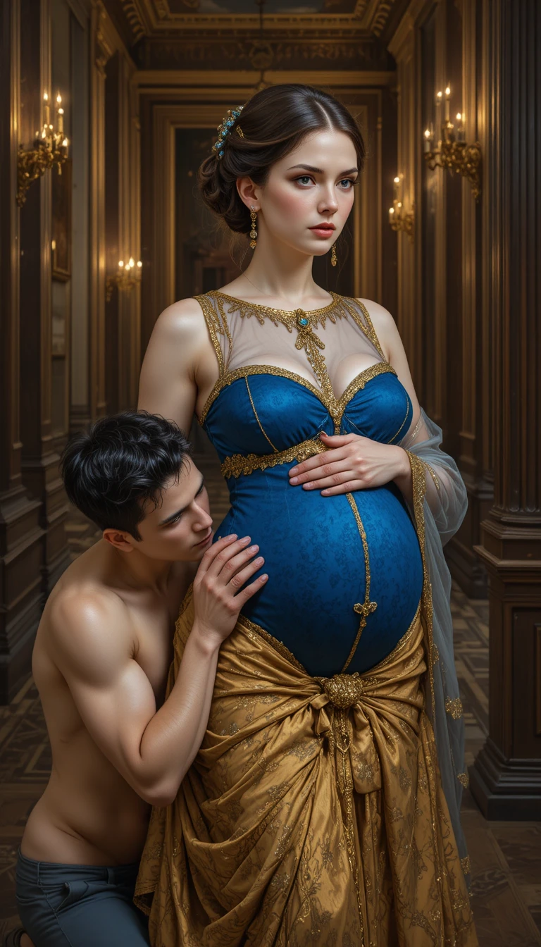 Sensual pregnant woman in baroque interior with tender lover