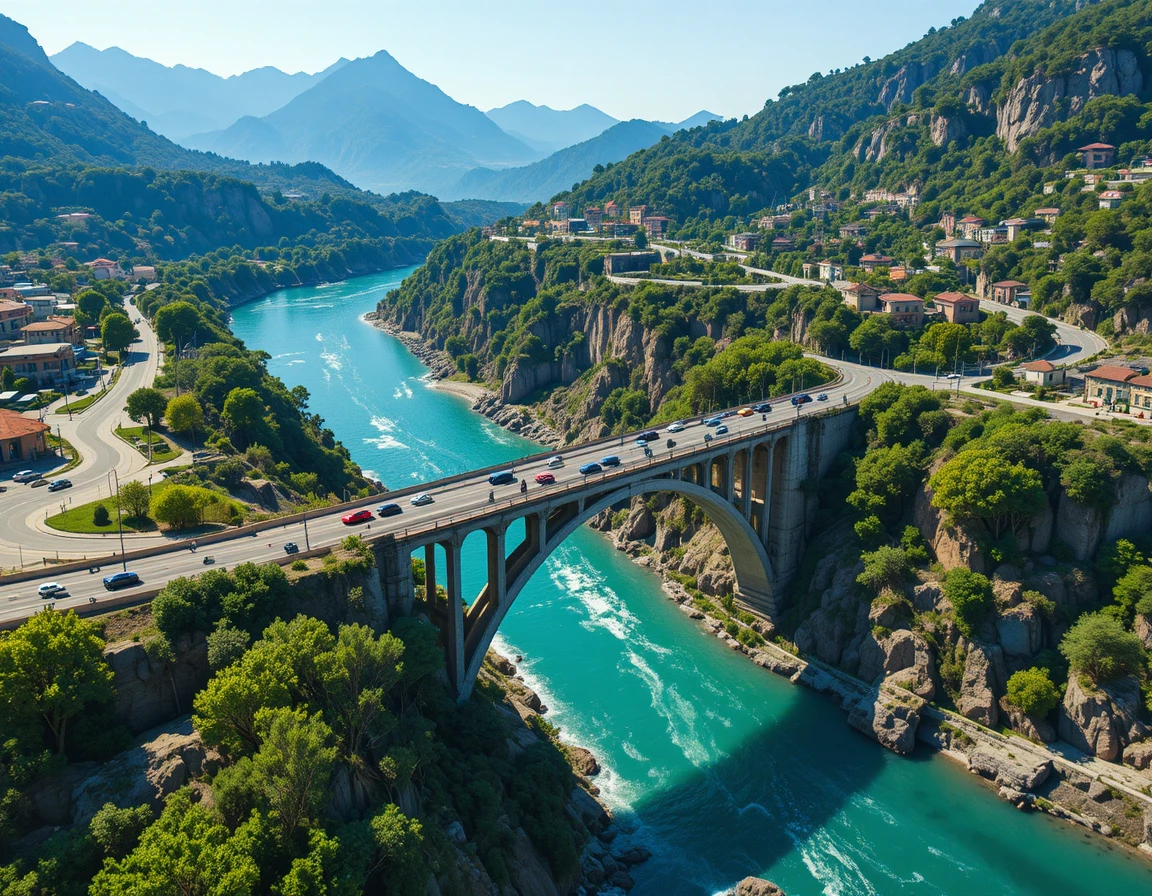 Aerial view of twin highway and stone bridges over river