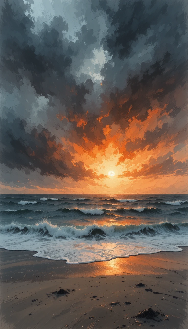 Stormy sunset seascape with wind over a sandy shore