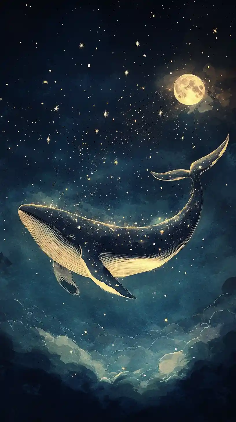 Celestial whale floating gently across a twilight sky