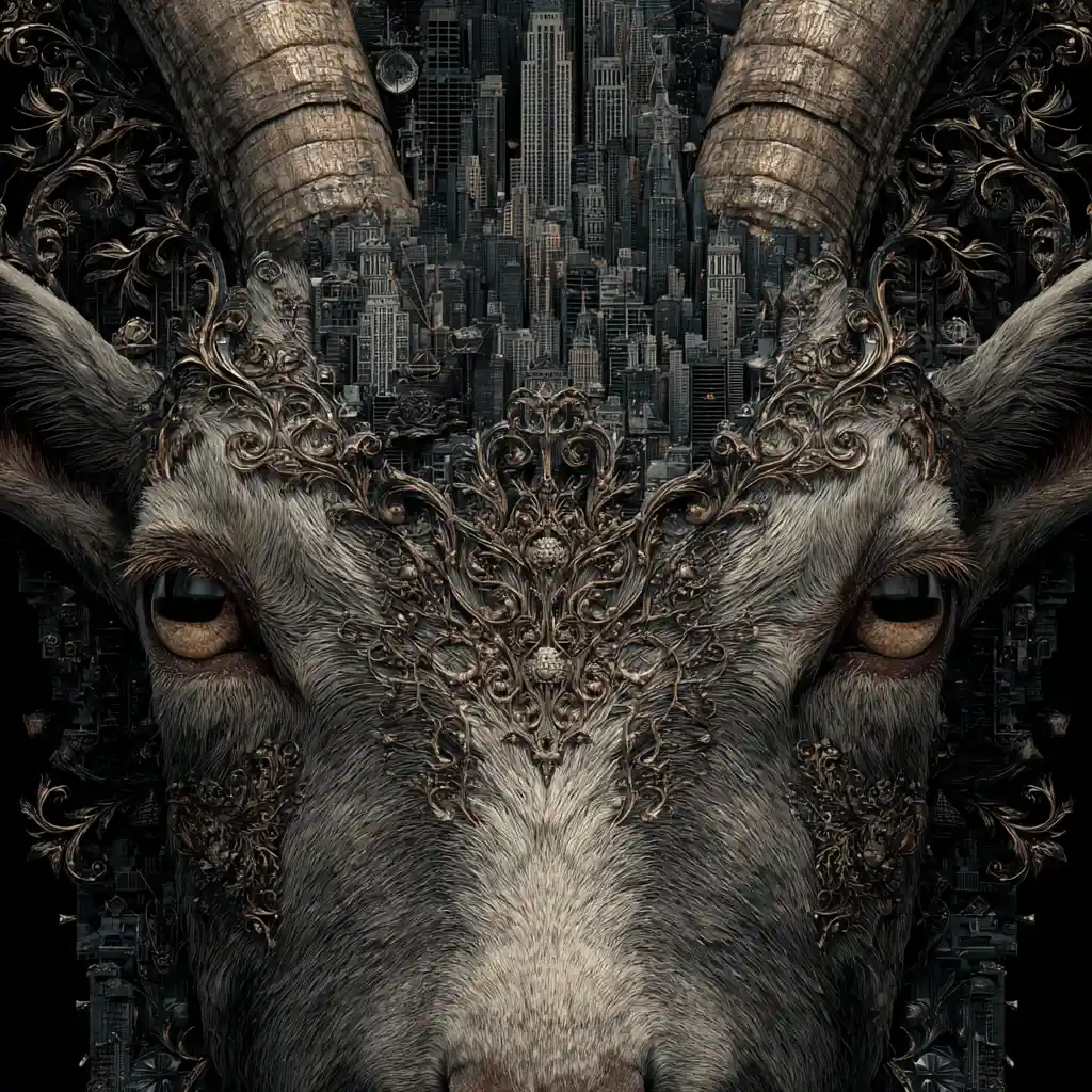 Close up goat portrait with gothic city reflected eyes