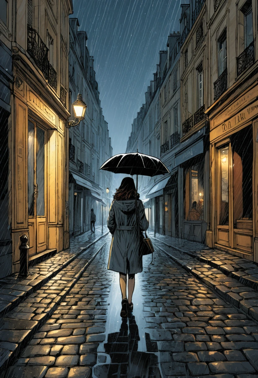 Lonely young woman walking a rainy Paris street at night