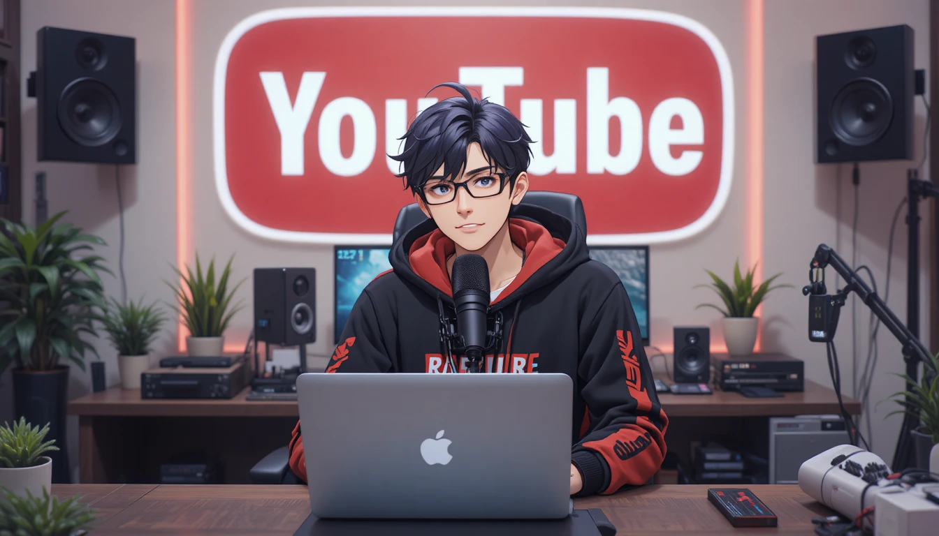 Anime boy streaming at a computer desk with microphone