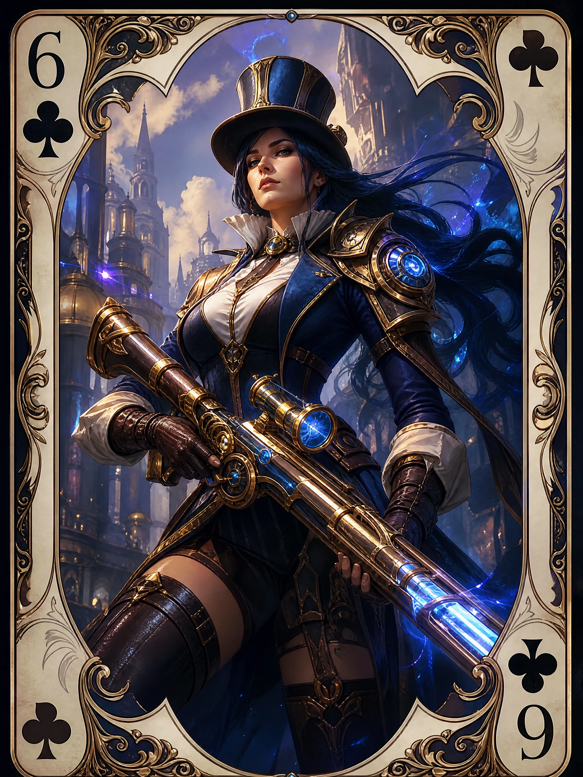 Epic fantasy woman framed in six of clubs card