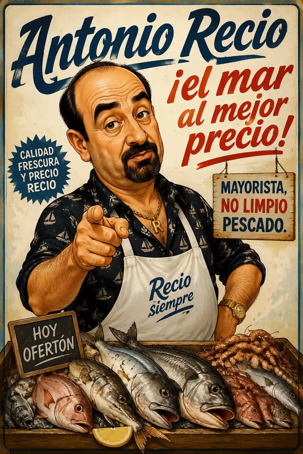 Comic portrait of a stern fish wholesaler with bold slogan