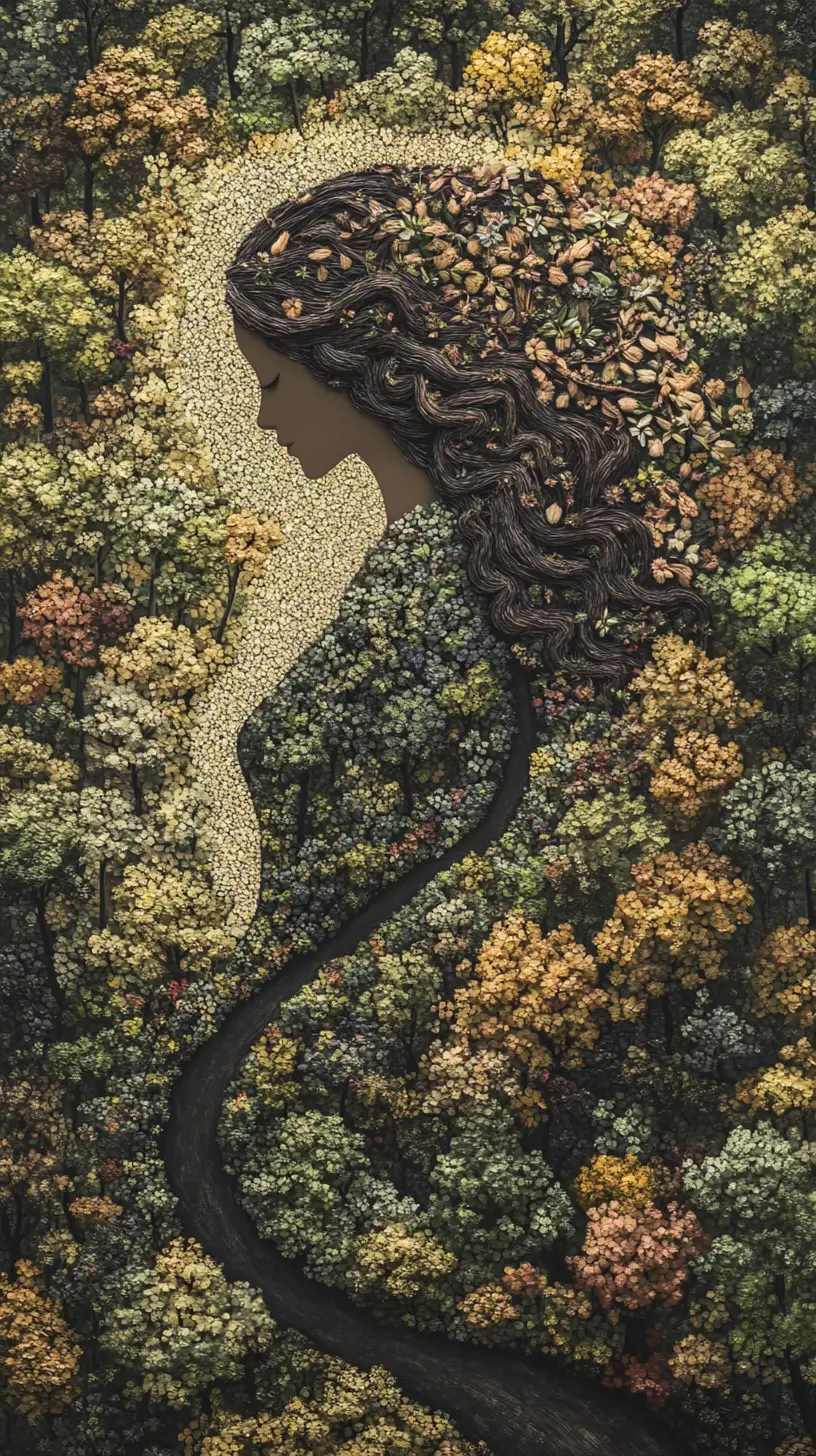 Aerial forest path forming a hidden female silhouette