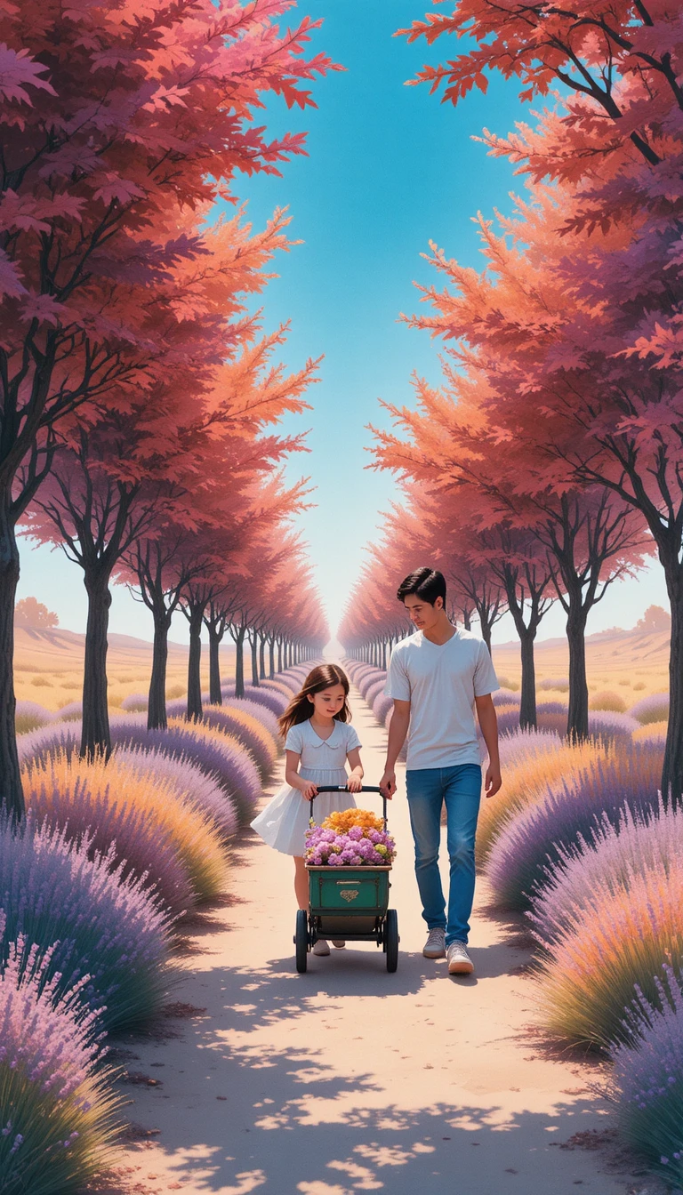 Girl and young woman walking with doll carriage in autumn