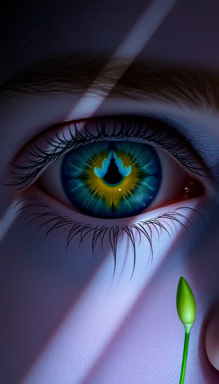 Surreal macro portrait of a human eye with blue flower iris