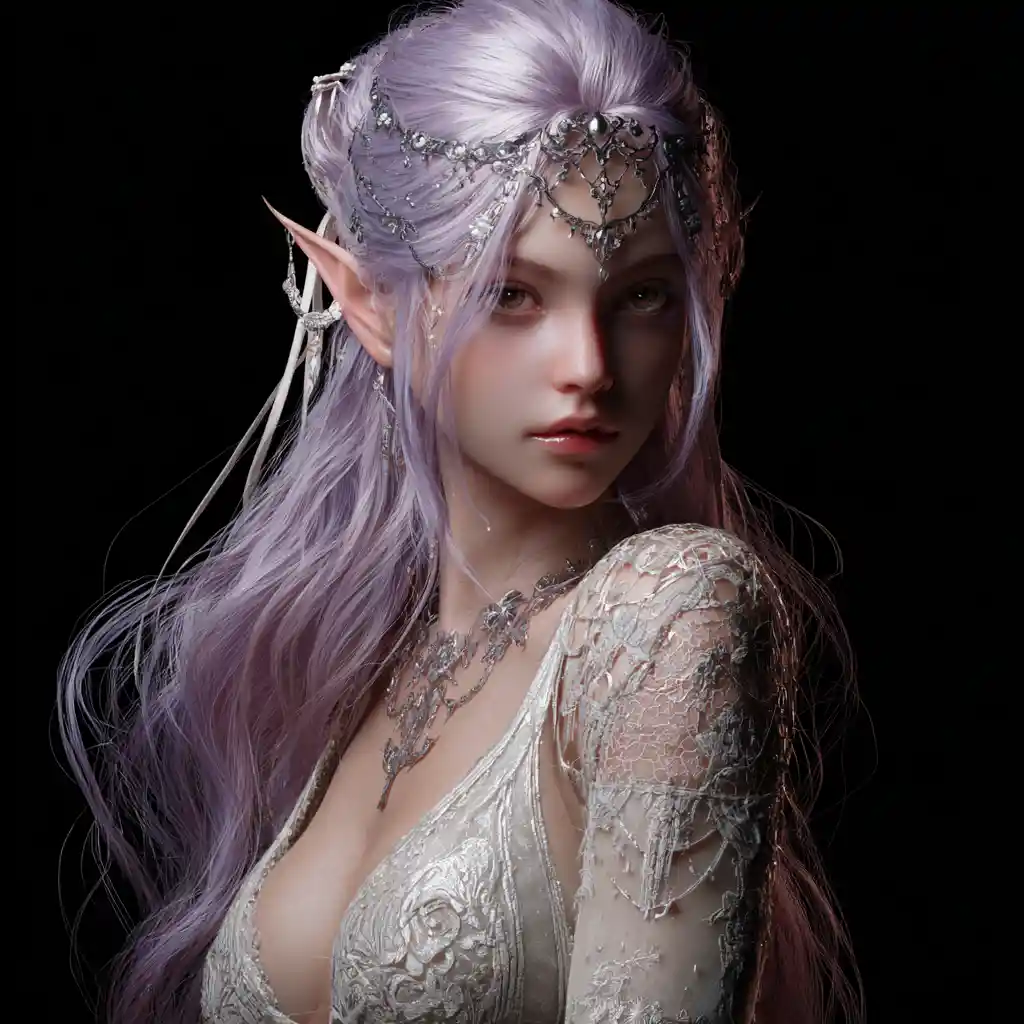 Mystical elf enchantress with lavender hair and silver eyes