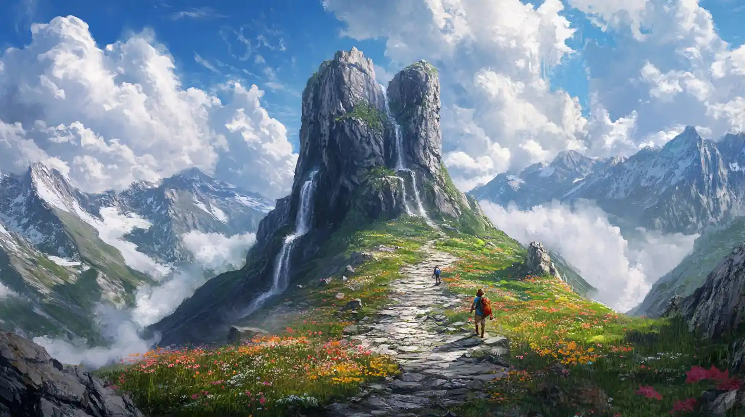 Hikers climbing a winding mountain path between vast cliffs