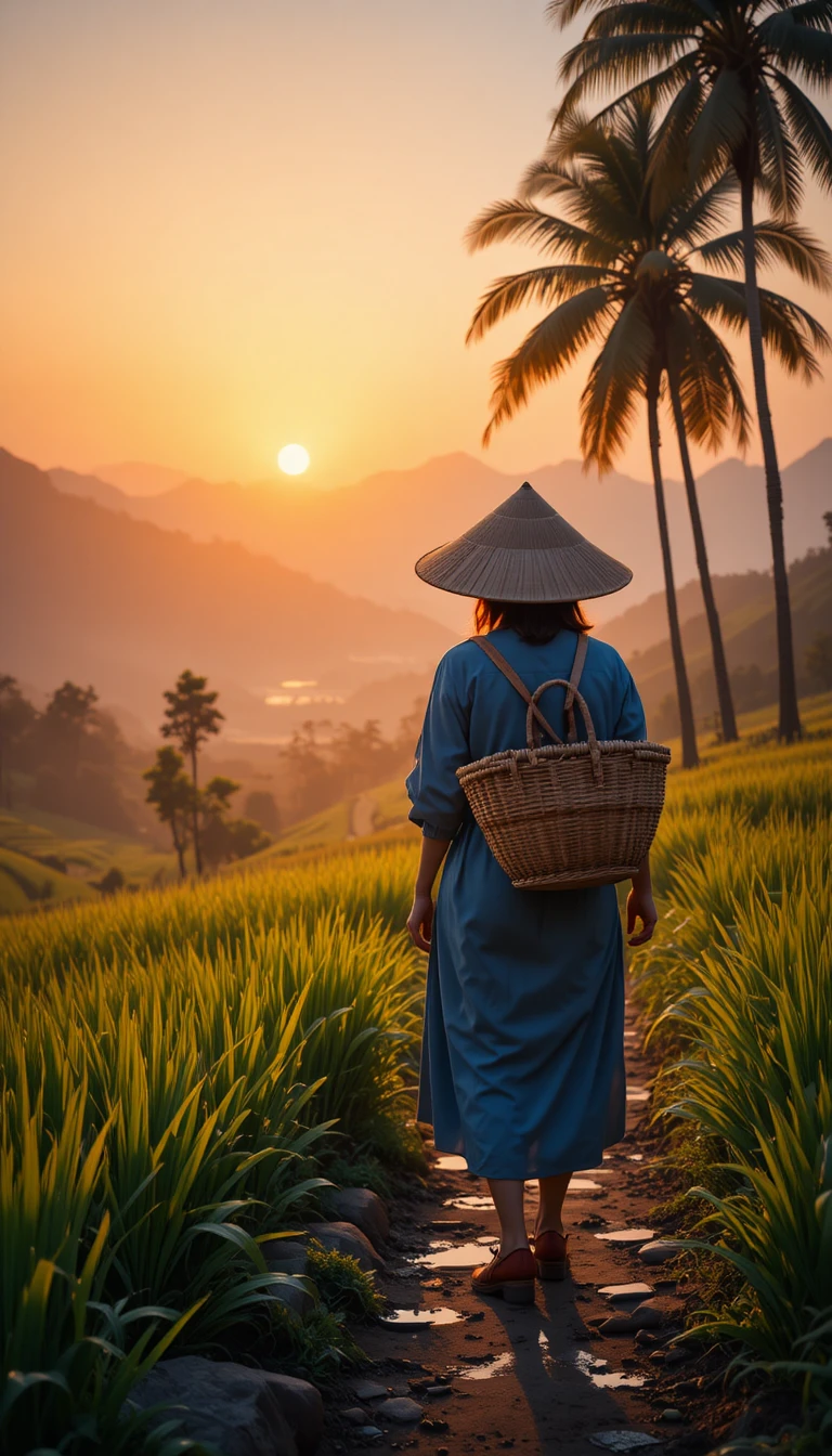 Farmer Walking Through Terraced Rice Fields At Sunset