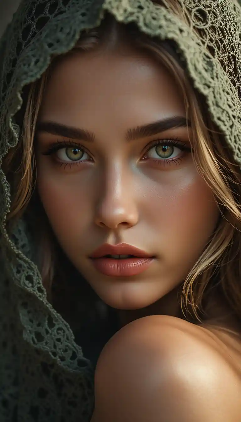 Retrato em close-up de uma mulher com olhos verdes intensos