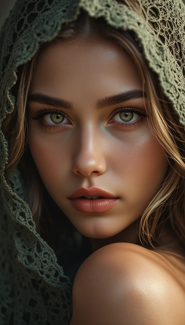 Close up portrait of a woman with intense green eyes