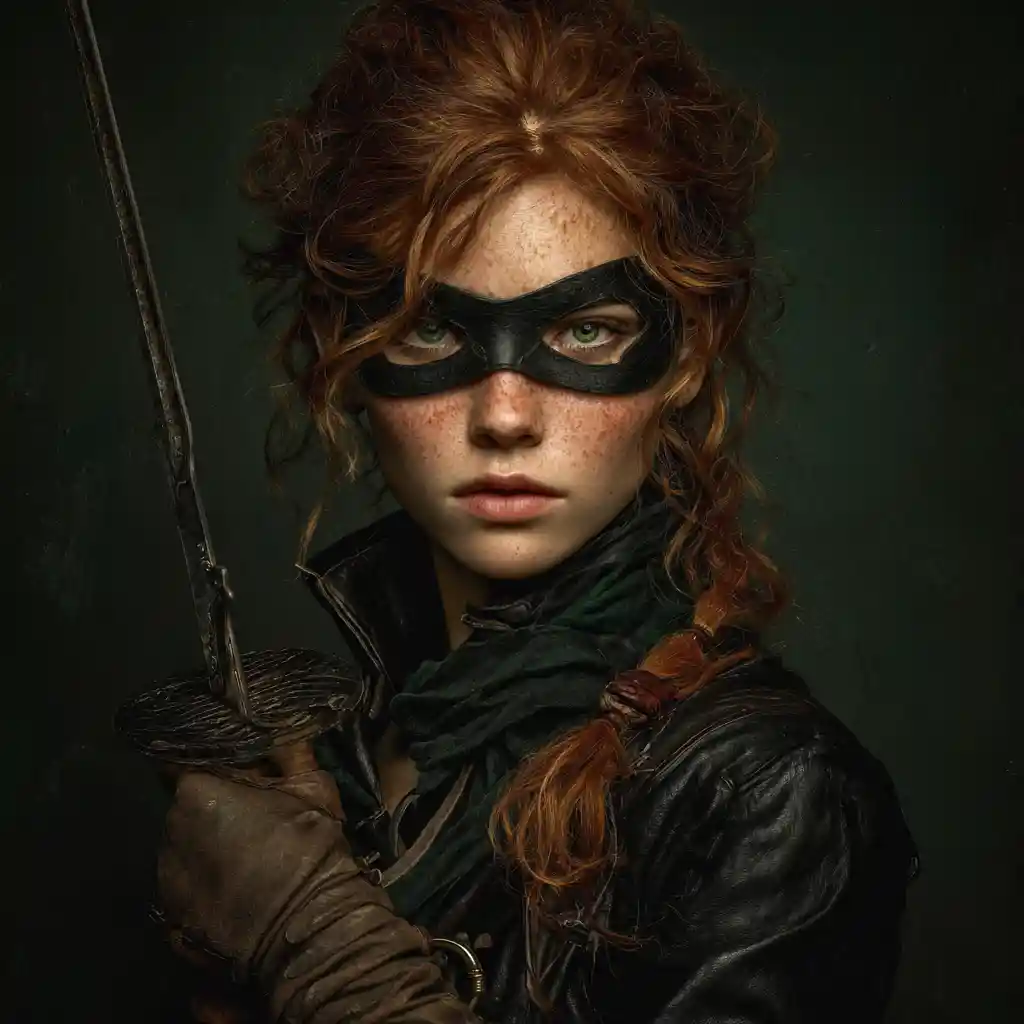 Redheaded rogue woman with saber and dagger in leather gear