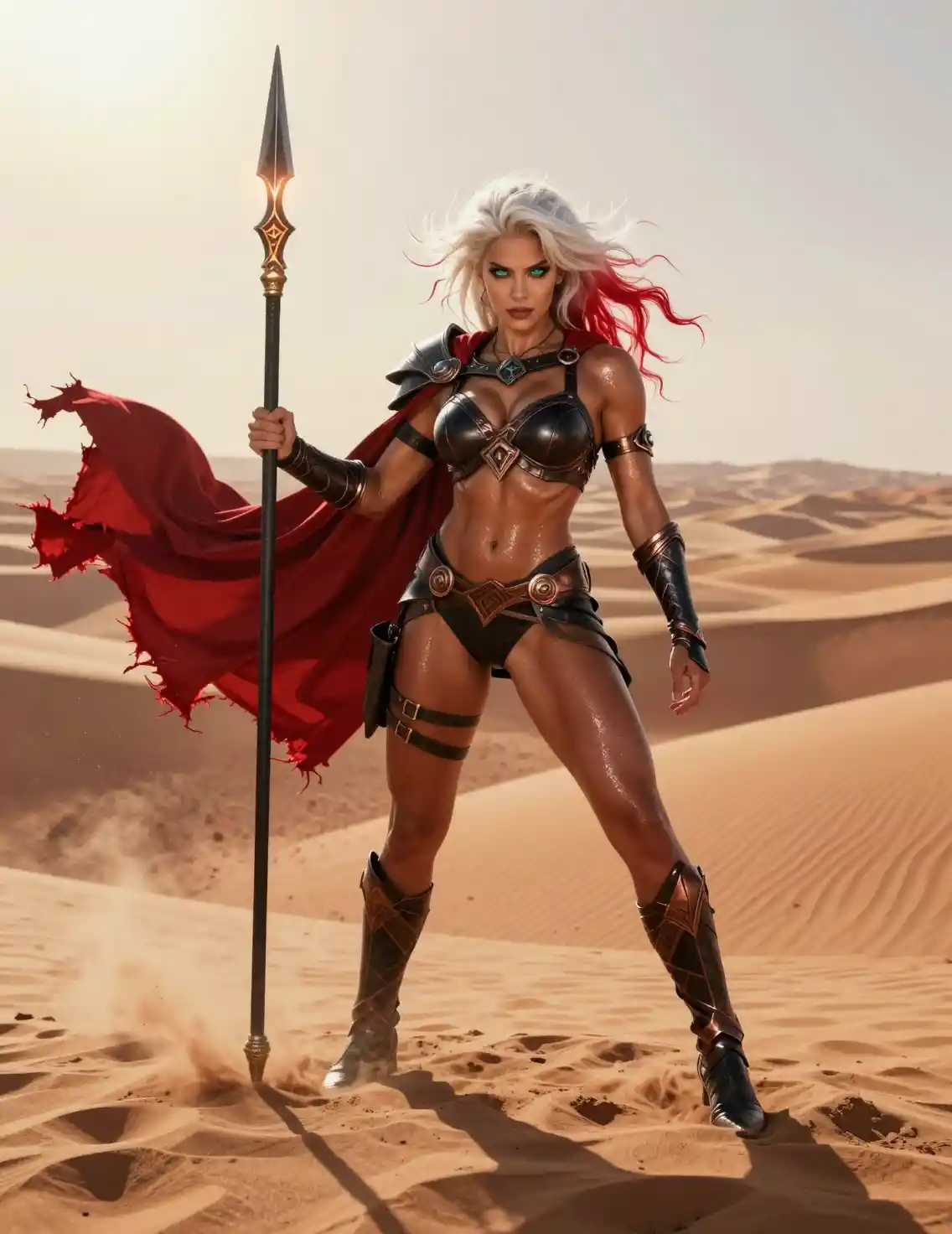 Armored warrior woman on blazing desert sand dune at sunset