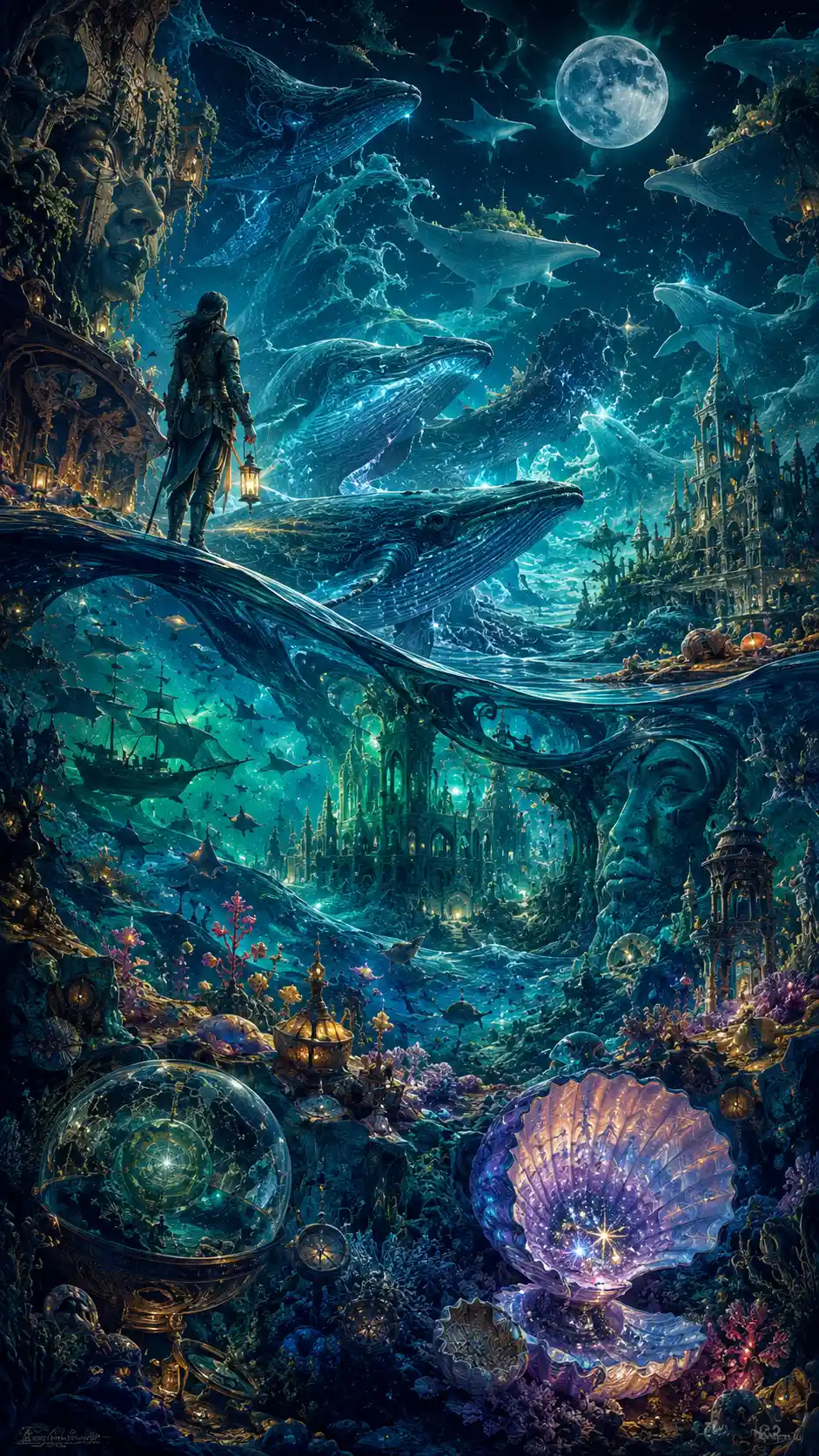 Navigator, der ein surreales Meer aus Walen und Karten überquert