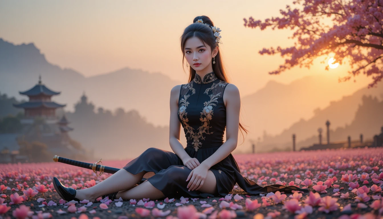 Elegant woman in black cheongsam among cherry blossom petals