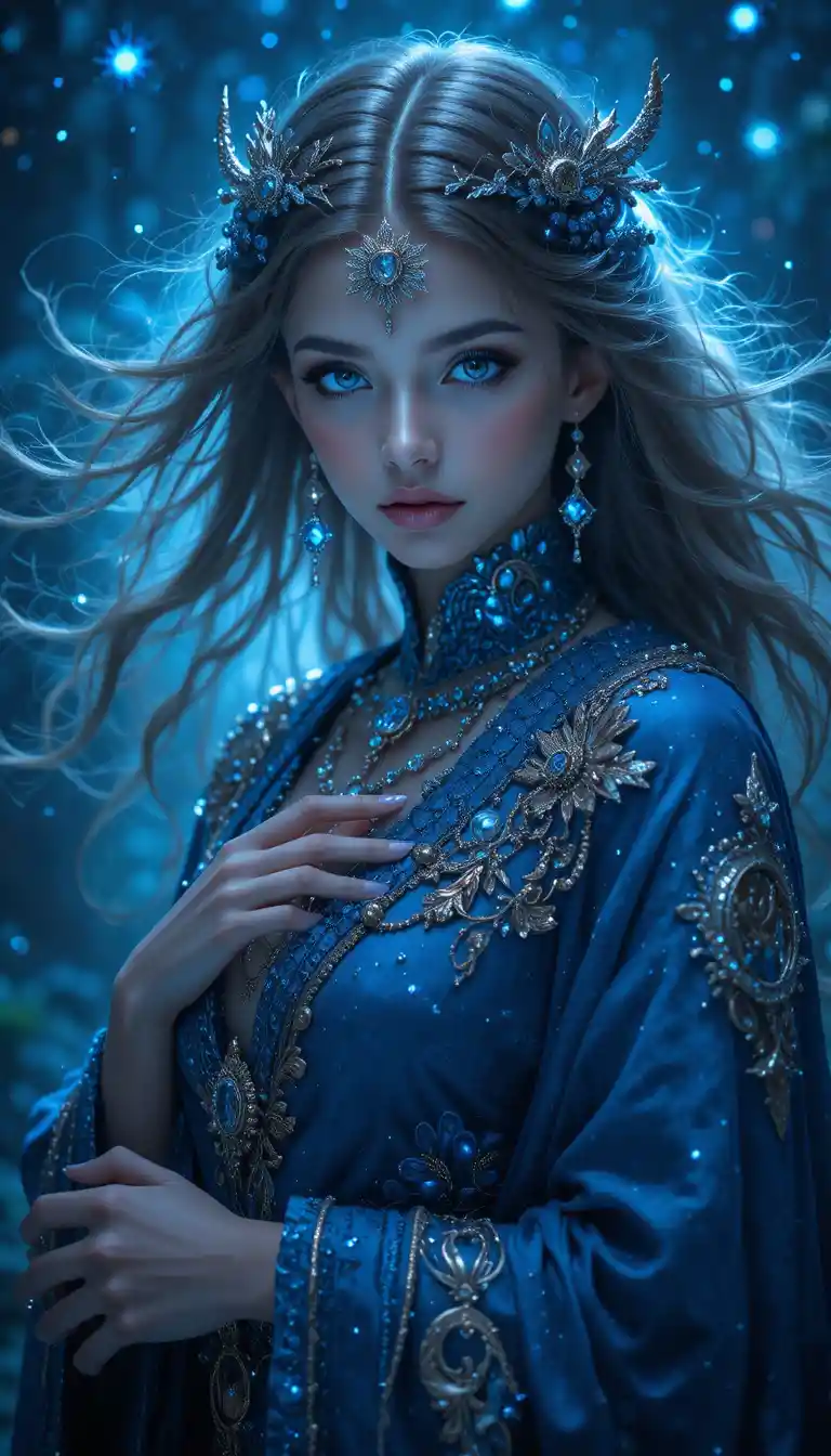 Mysterious blue eyed woman in a jeweled mystic robe