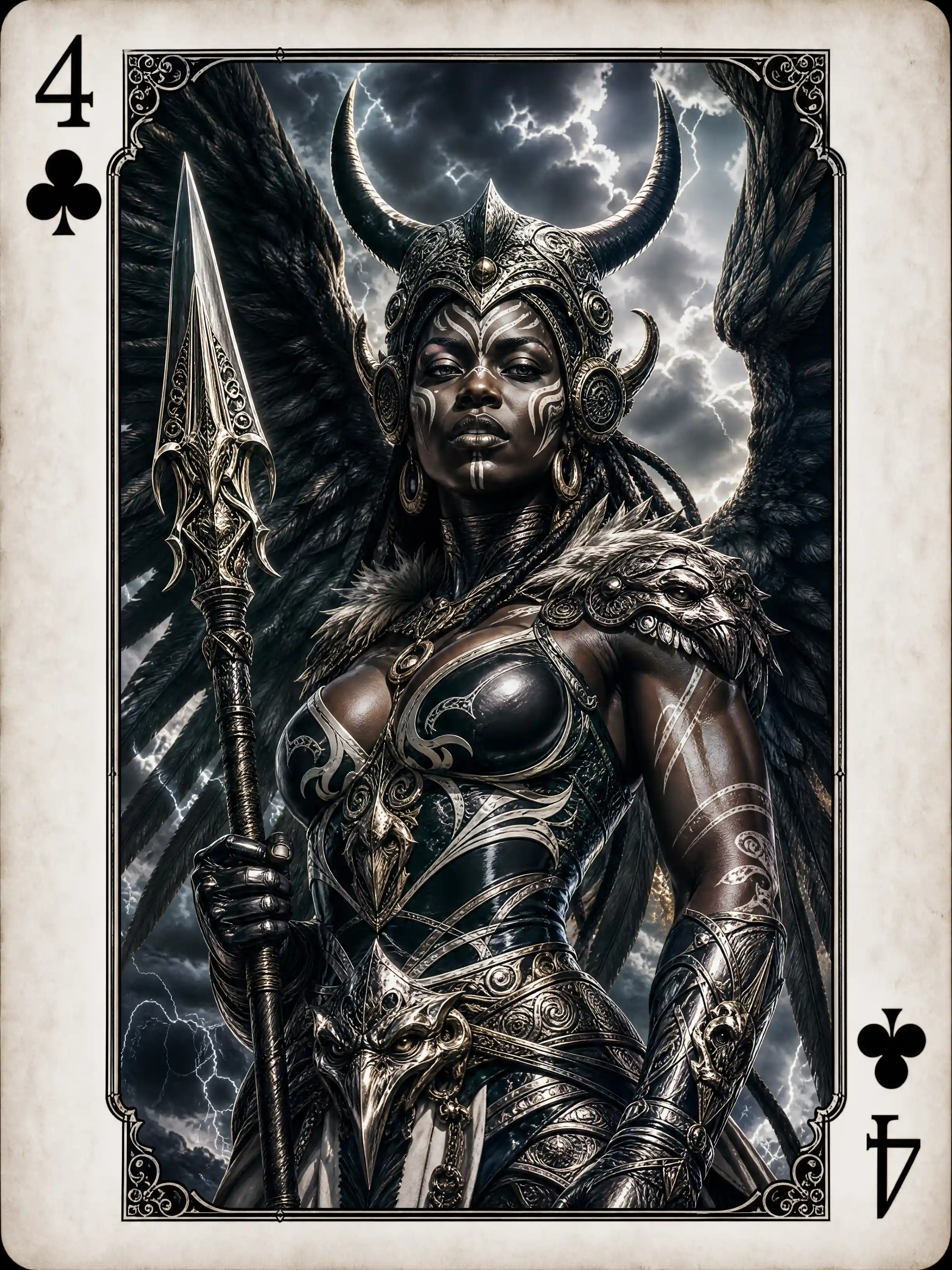 Zulu celestial valkyrie framed in four of clubs card