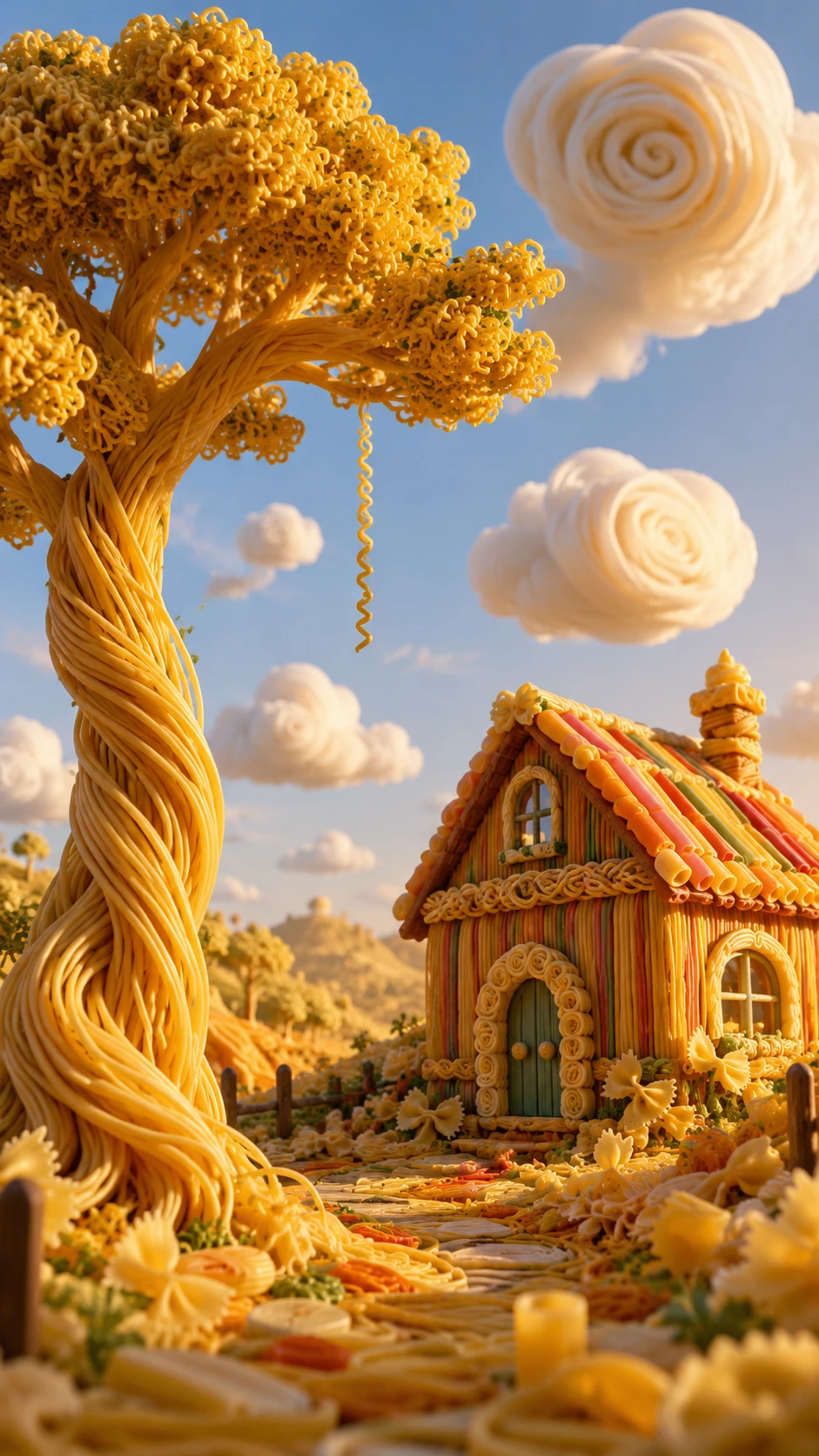 Árbol de pasta fantasioso junto a una colorida casa de fideos