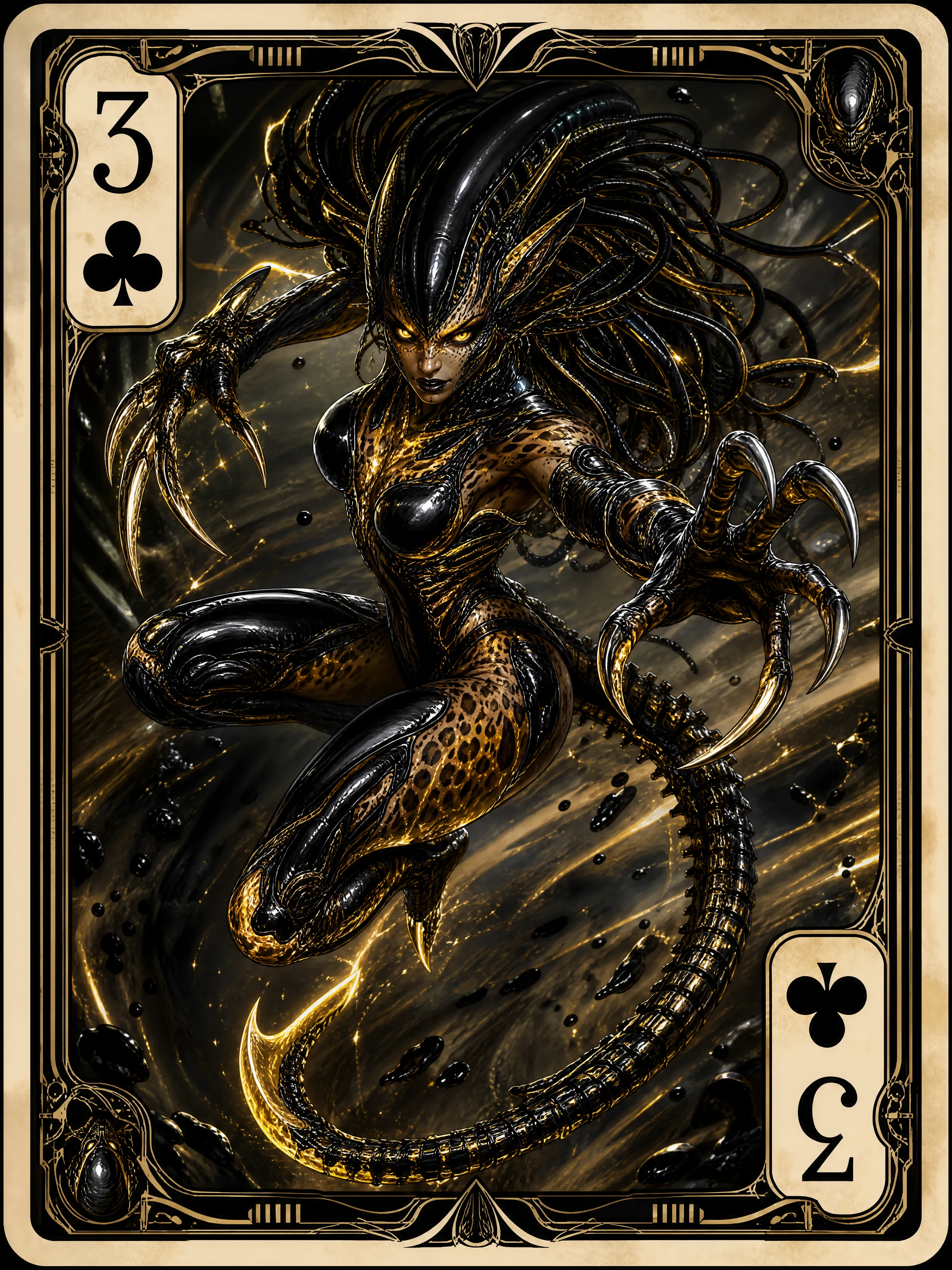 Terrifying biomechanical feline woman within playing card frame