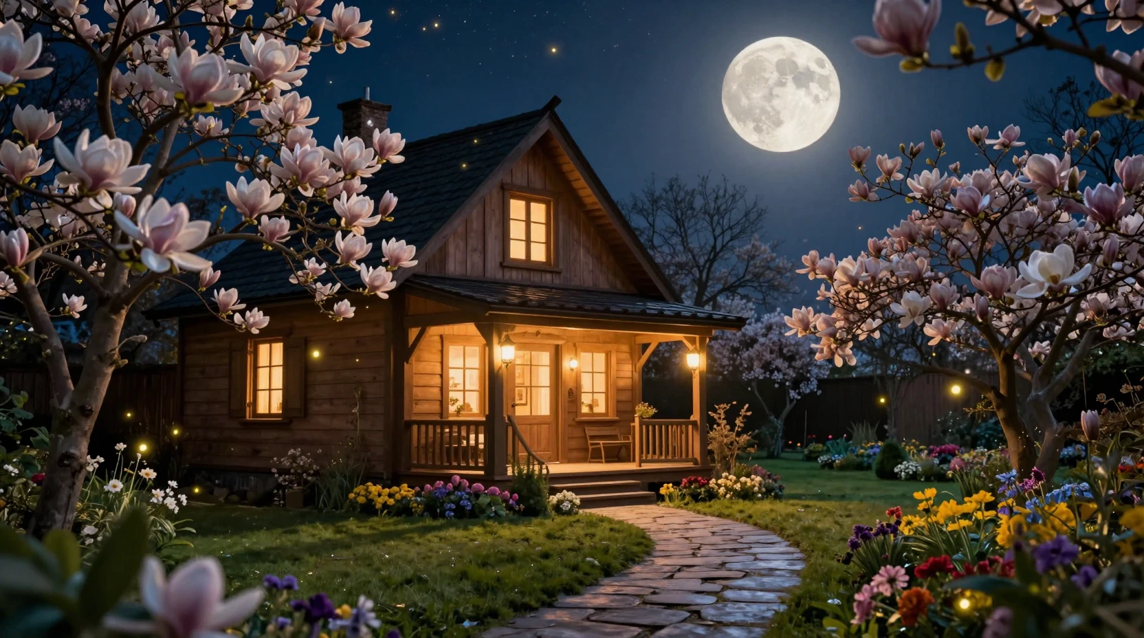 Cozy Wooden Cottage In A Moonlit Flower Garden