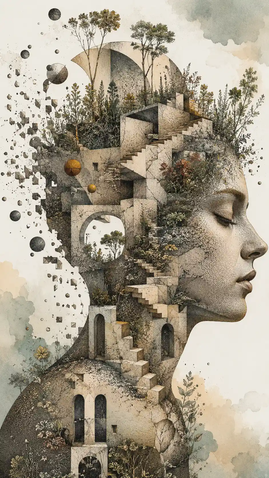 Surreal botanical architecture in intricate pen and ink