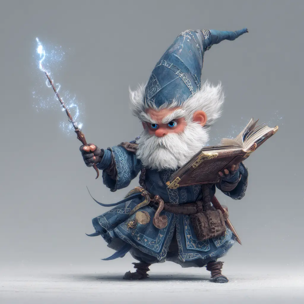 Gnome wizard with white magic spellbook and glowing wand