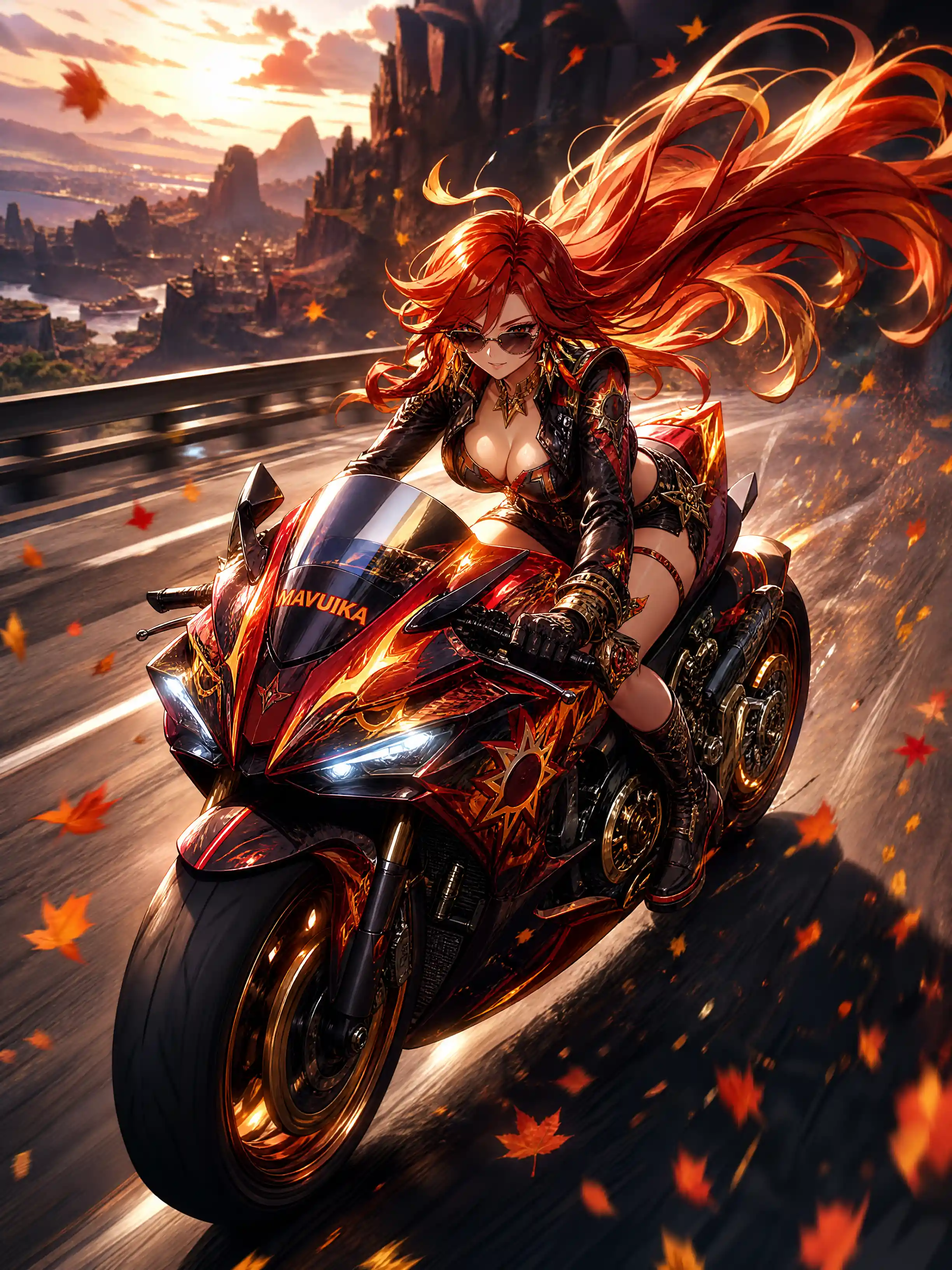 Red haired biker woman racing a superbike on highway