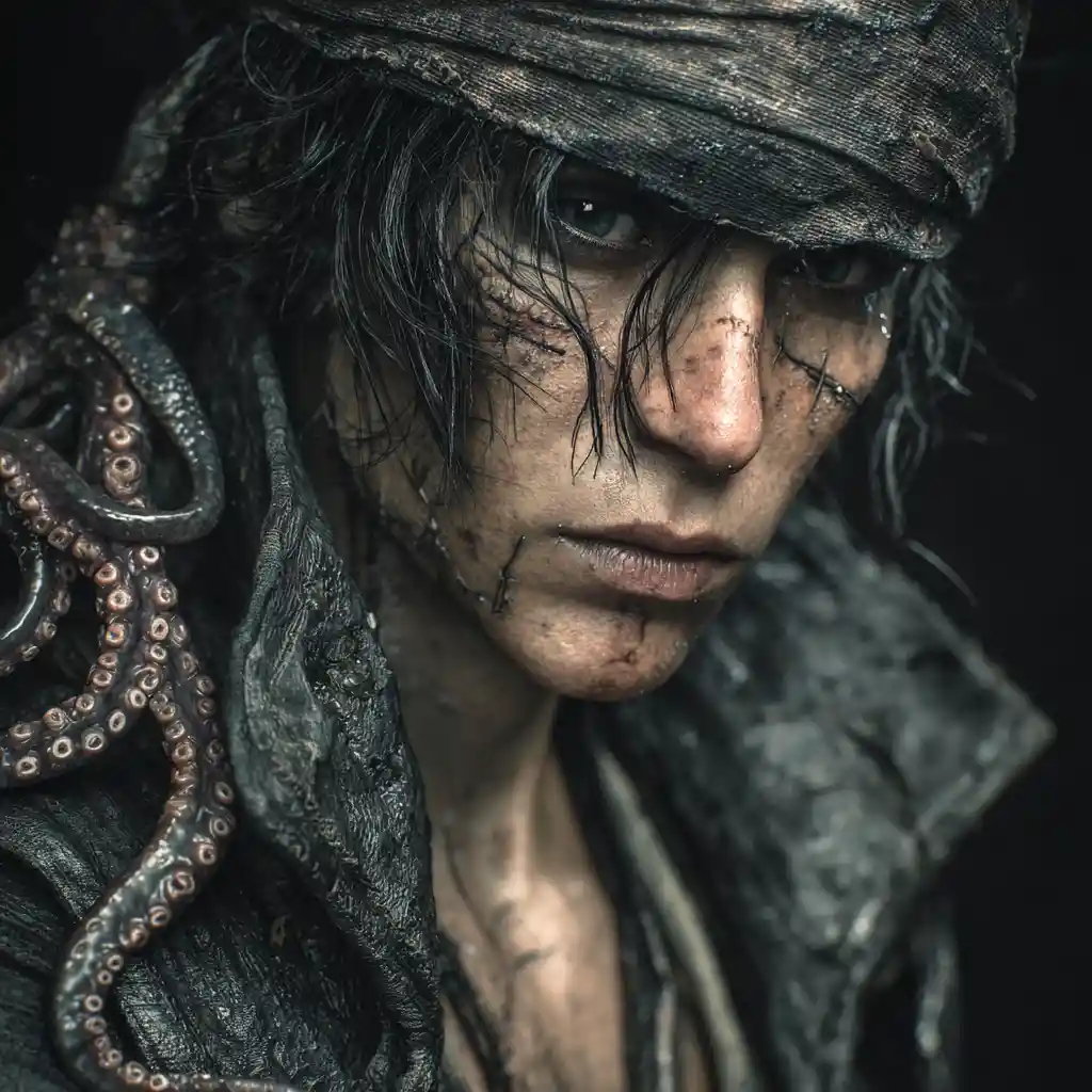 Scarred warlock with ocean magic and twisting tentacles