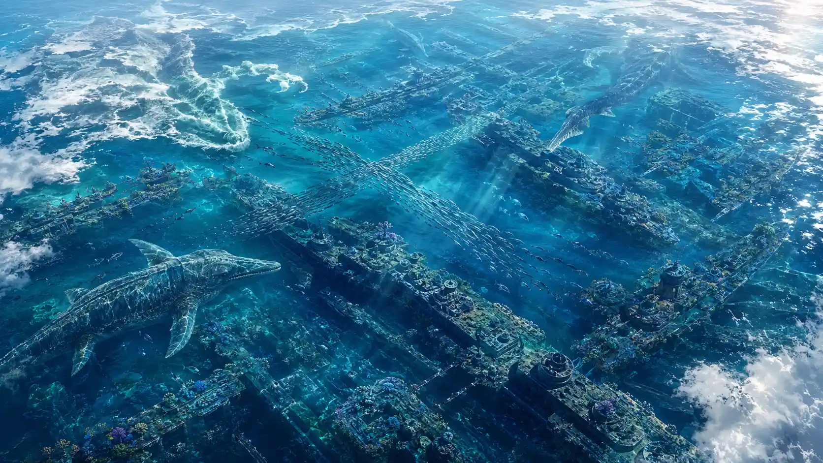 Massive Marine Reptiles Swimming Through Submerged Stone Grid