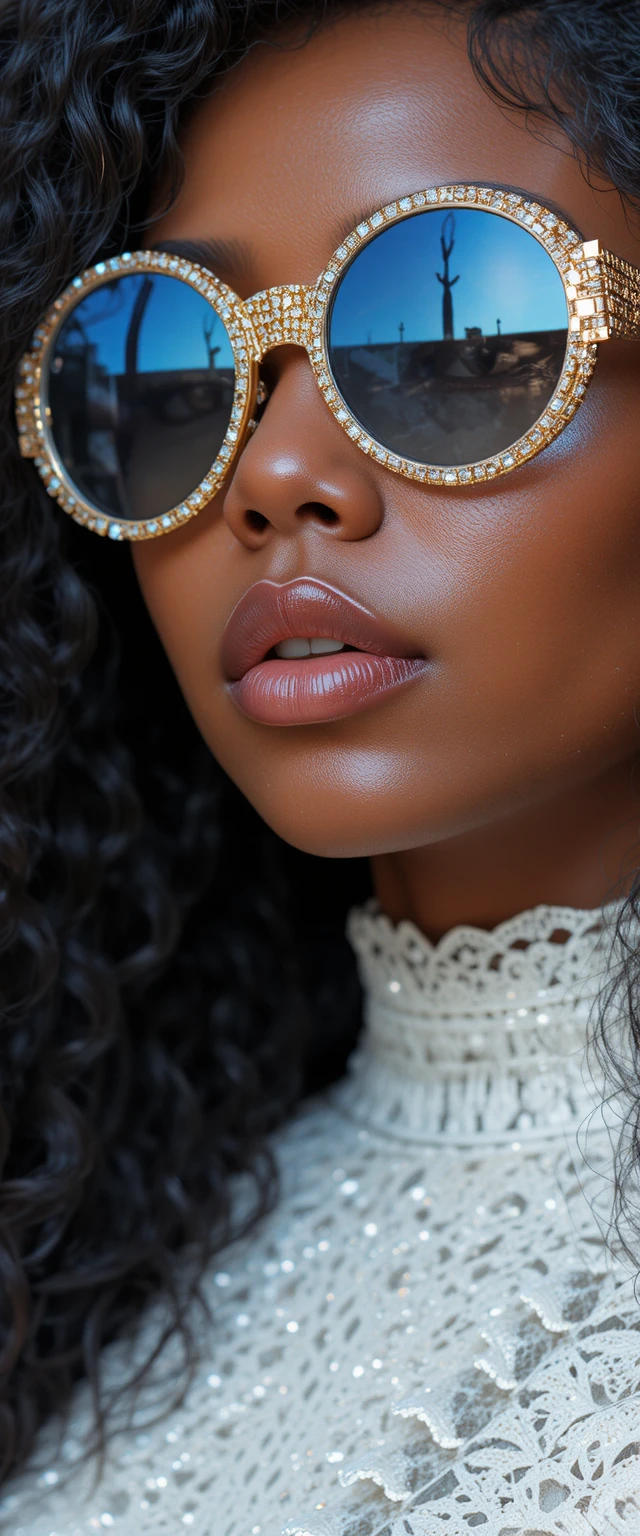 Close up portrait of woman in gold diamond sunglasses