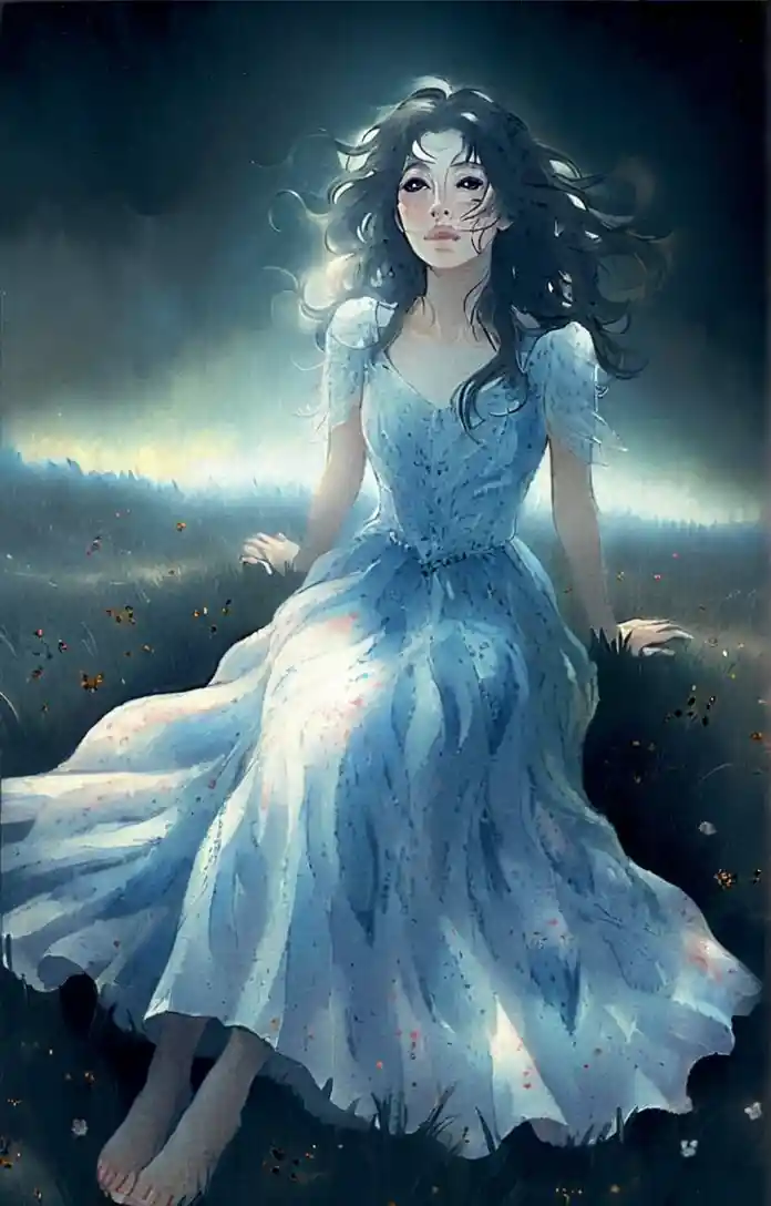 Young woman on a sunlit grassy slope at sunset