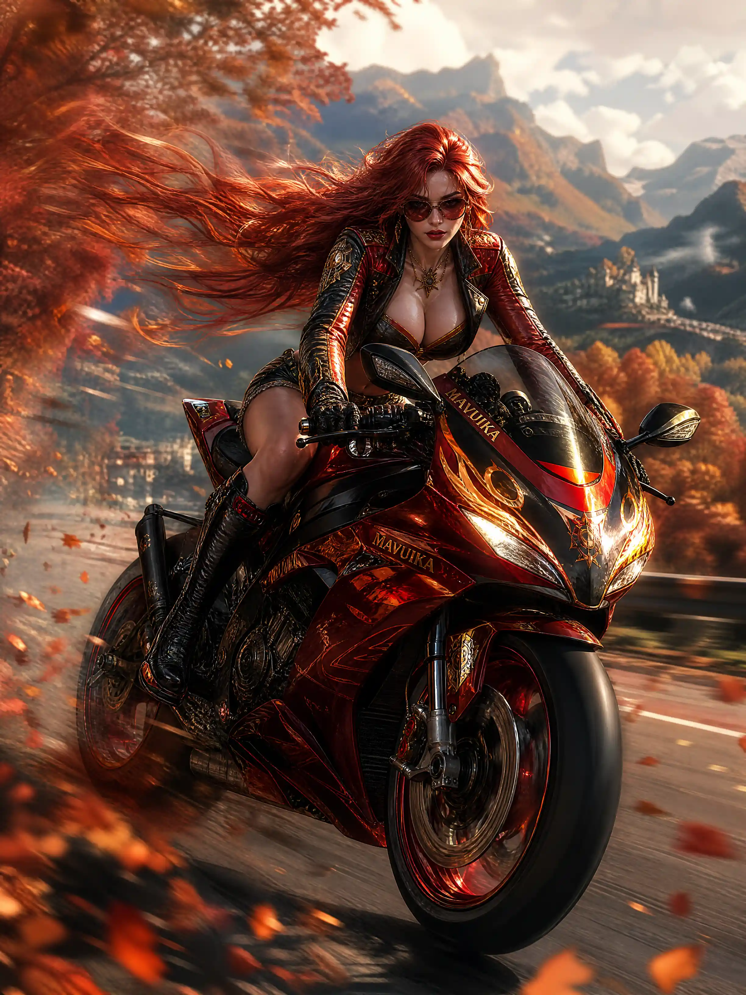 Red haired biker woman racing forward on a powerful motorcycle