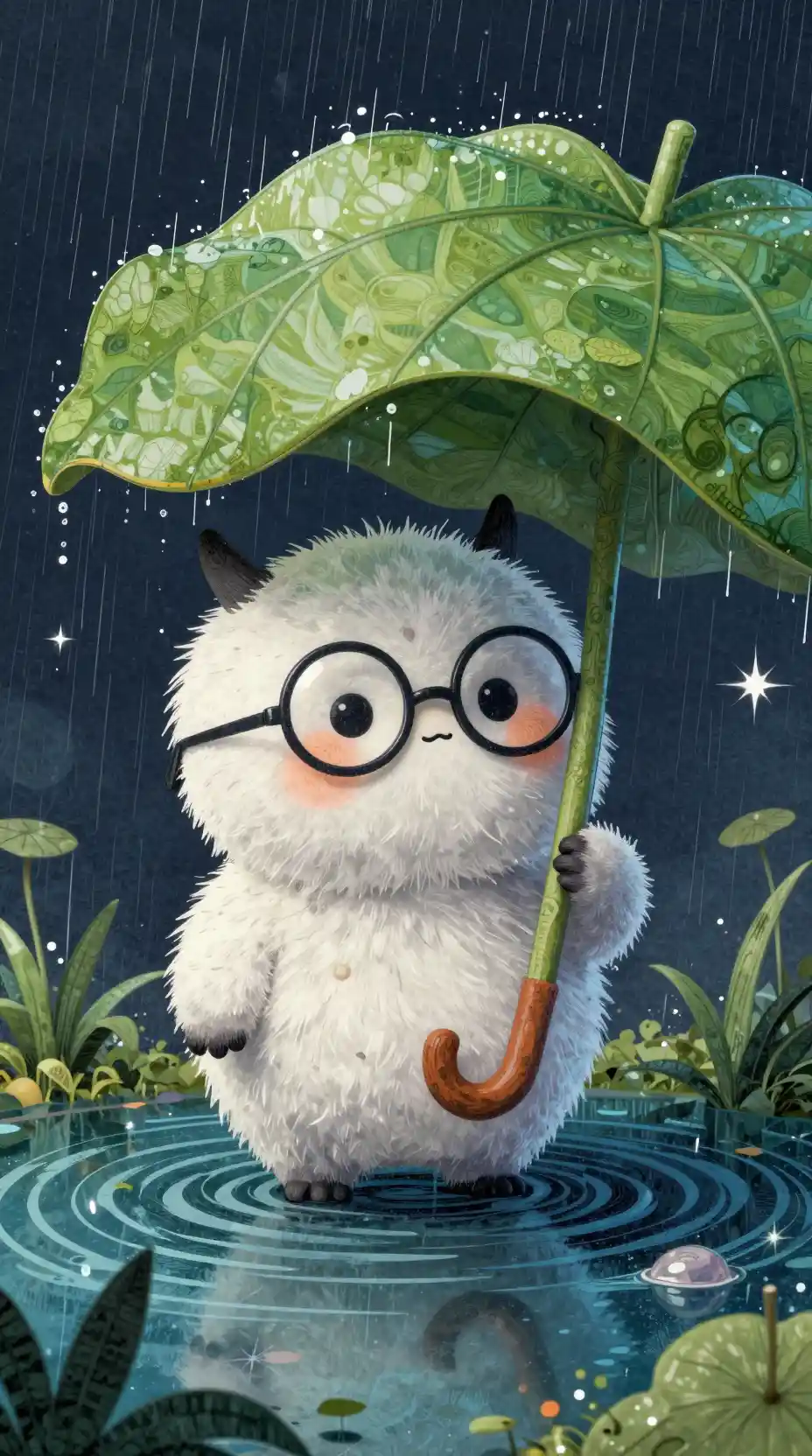 Cute fuzzy creature hiding under a leaf umbrella in rain