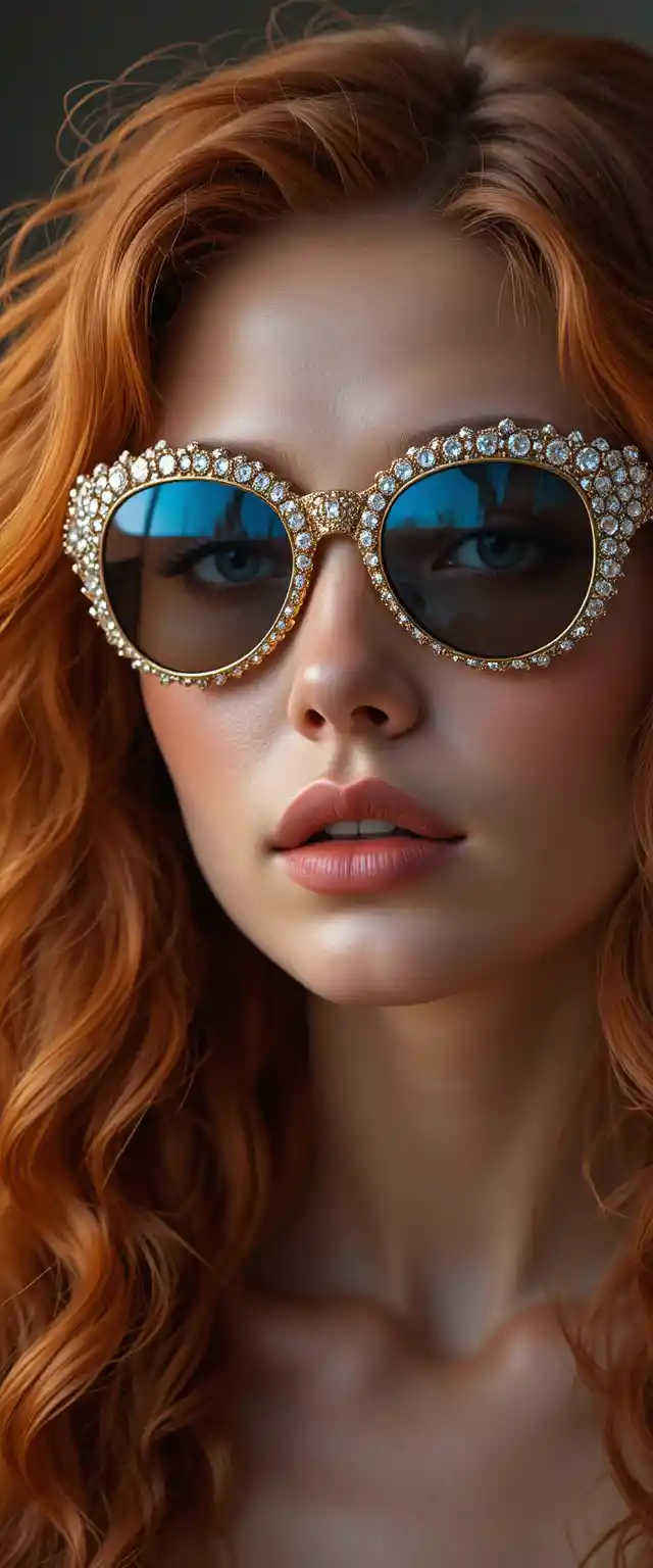 Retrato en primer plano de mujer pelirroja con gafas de sol doradas con diamantes