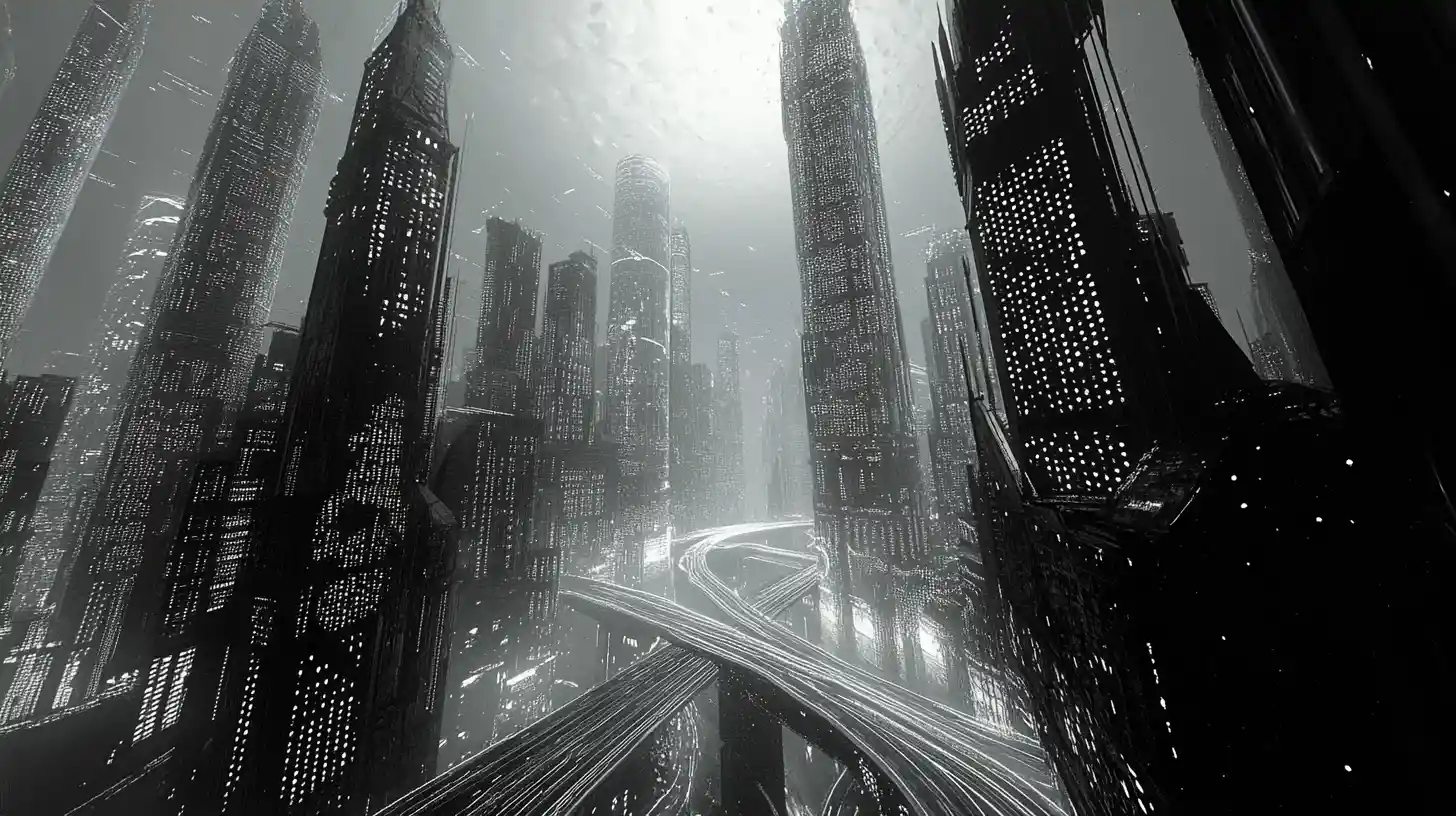 Surreal city skyline merging seamlessly into orchestral forms