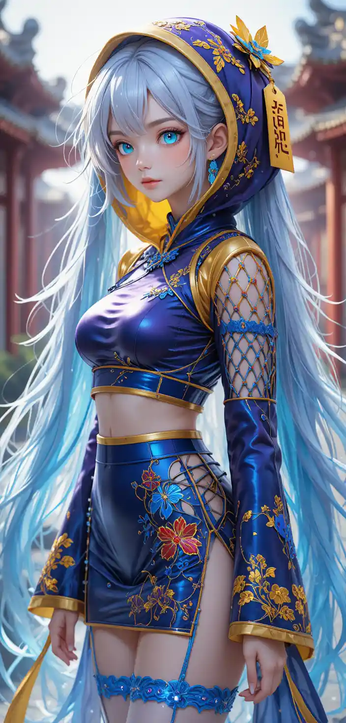 Anime jiangshi girl with glowing hair and embroidered outfit