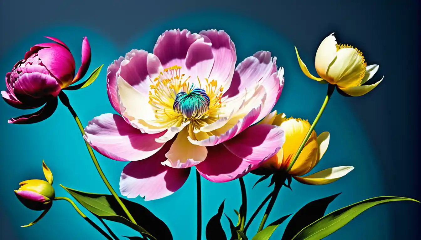 Surreale digitale Blumen auf einem gedämpften blau-grauen Hintergrund
