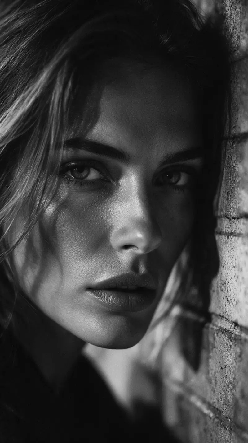 Retrato dramático en blanco y negro de una mujer junto a la pared
